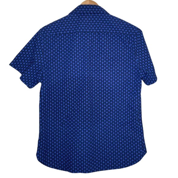 Denim & Flower Men Blue Geo Print Button Down Short Sleeve Shirt Top Sz Large - Picture 2 of 7